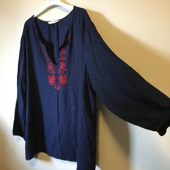 Dark Navy Blue Red Embroidered Peasant Sleeve Bohemian Tunic Shirt - Picture 7 of 15